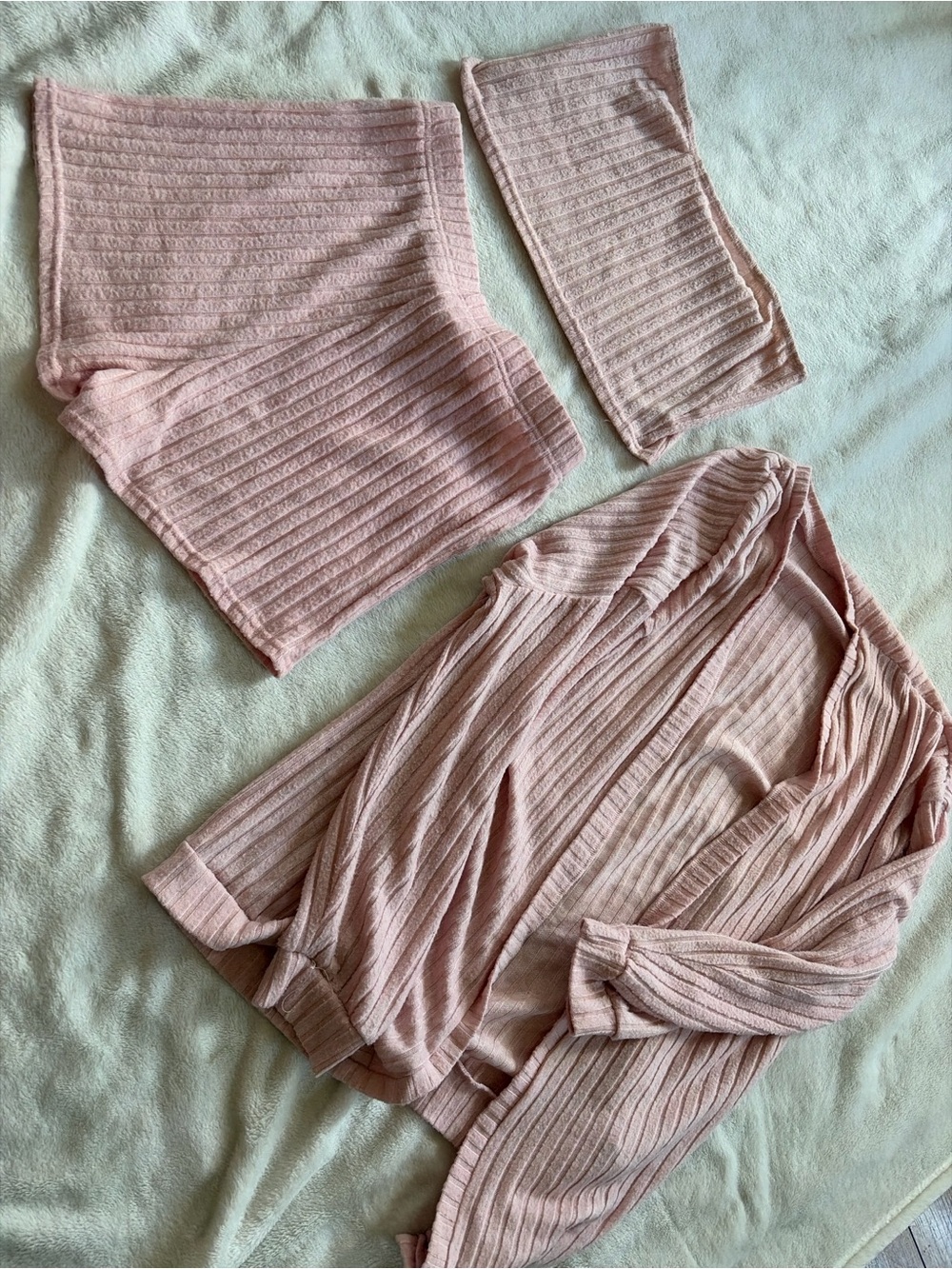 Ribbed Knit 3-Piece Loungewear Set - Blush Pink